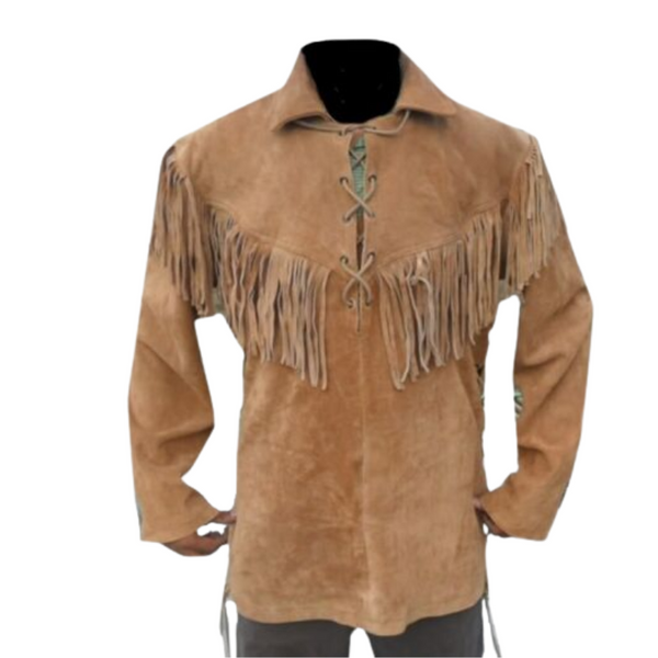 Mens Western Brown Buckskin Suede Leather Fringe Mountain Man Shirt MMS392