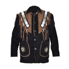 Mens Western Cowboy Black Buffalo Suede Leather Beaded Fringes Jacket WJ-47