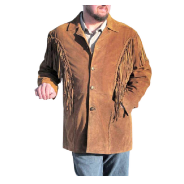 Mens Western Cowboy Cognac Brown Suede Leather Fringe Rendezvous Jacket WFJ62