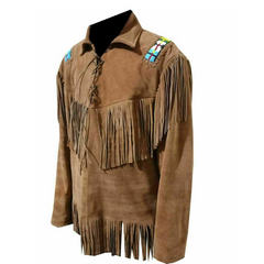 Mens Western Cowboy Brown Suede Leather Mountain Man Beads Fringes Shirt MS-A06