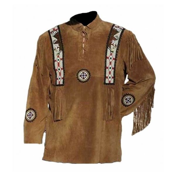 Mens Western Cowboy Brown Suede Leather Mountain Man Beaded Fringe Shirt MBS24