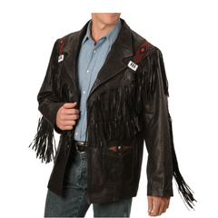 Old West Style Men Cowboy High Quality Black Leather Beaded Fringe Jacket WLJ909