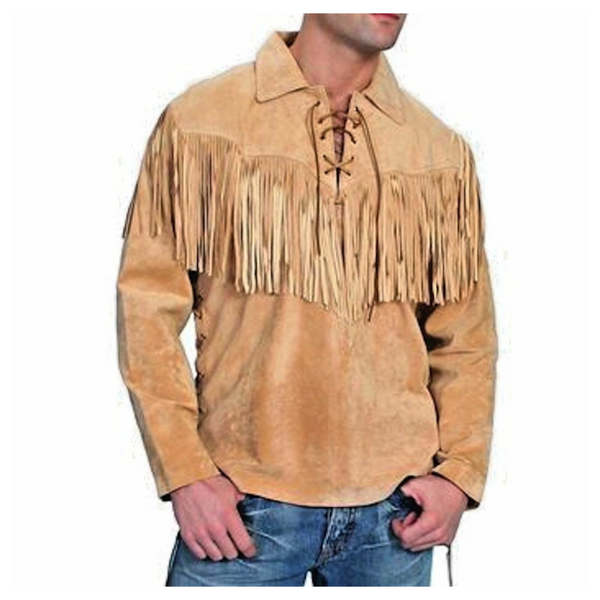 Mens Western Beige Suede Leather Mountain Man Pullover Fringes Shirt MMS33