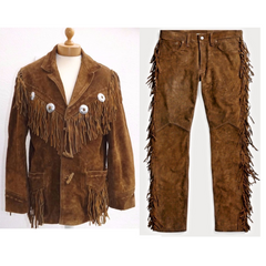 Mens Old Western Cowboy Brown Buckskin Suede Leather Fringes Jacket & Pant WSP18