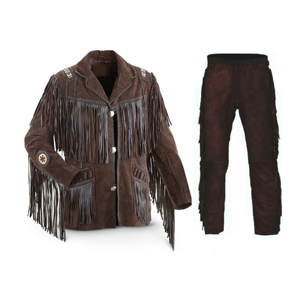 Mens Old Western Cowboy Brown Suede Leather Fringes Beaded Jacket & Pant WJP27