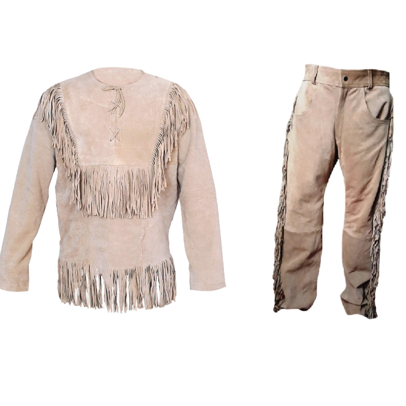 Mens Western Cowboy Beige Suede Leather Mountain Man Fringes Shirt & Pant WSSP06