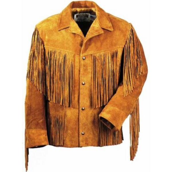 Mens Western Cowboy Cognac Brown Suede Leather Fringe Rendezvous Jacket WFJ501