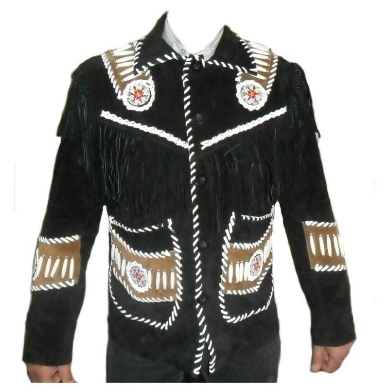 Mens New Western Cowboy Black Suede Leather Fringes Beaded Jacket WBJ02