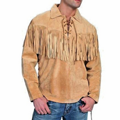 Mens Western Beige Suede Leather Mountain Man Pullover Fringes Shirt MMS33