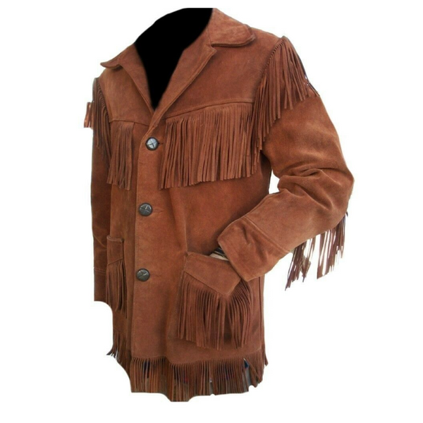 Mens Western Cowboy Cognac Brown Suede Leather Fringe Rendezvous Jacket WFJ61