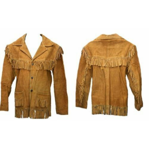 Mens New Western Cowboy Cognac Brown Suede Leather Fringes Hippie Jacket WFJ71