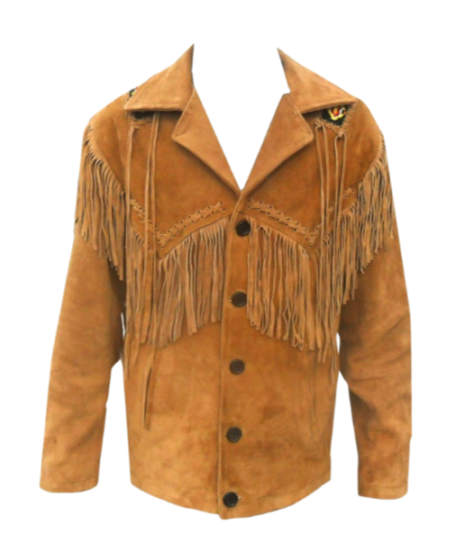 Mens Old Cowboy Brown Buckskin Suede Leather Beaded Fringes Western Jacket WSJ01