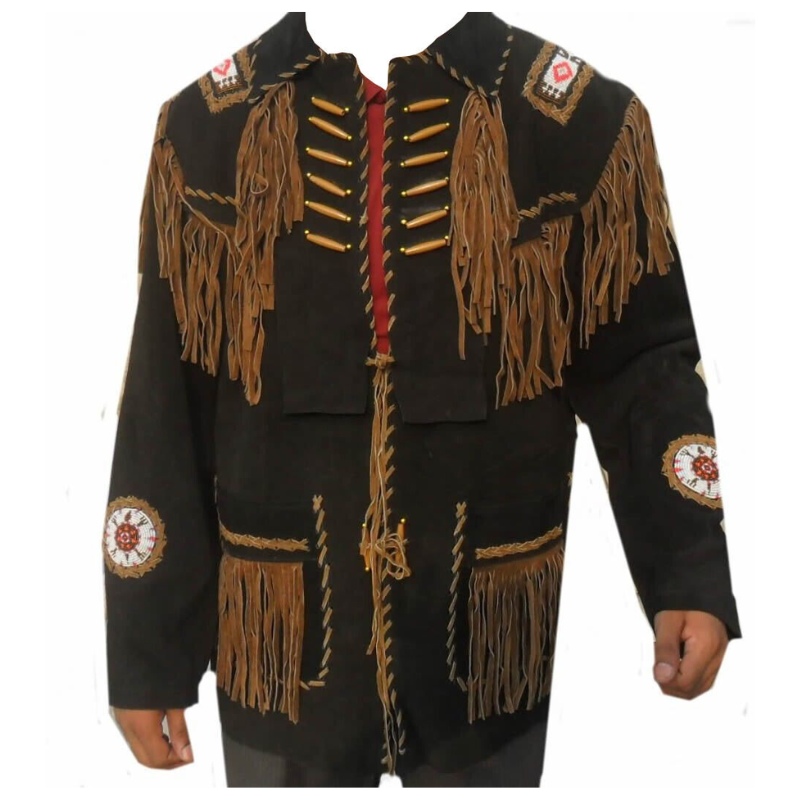 Mens New Western Cowboy Black Suede Leather Fringes Beaded Jacket WBJ03