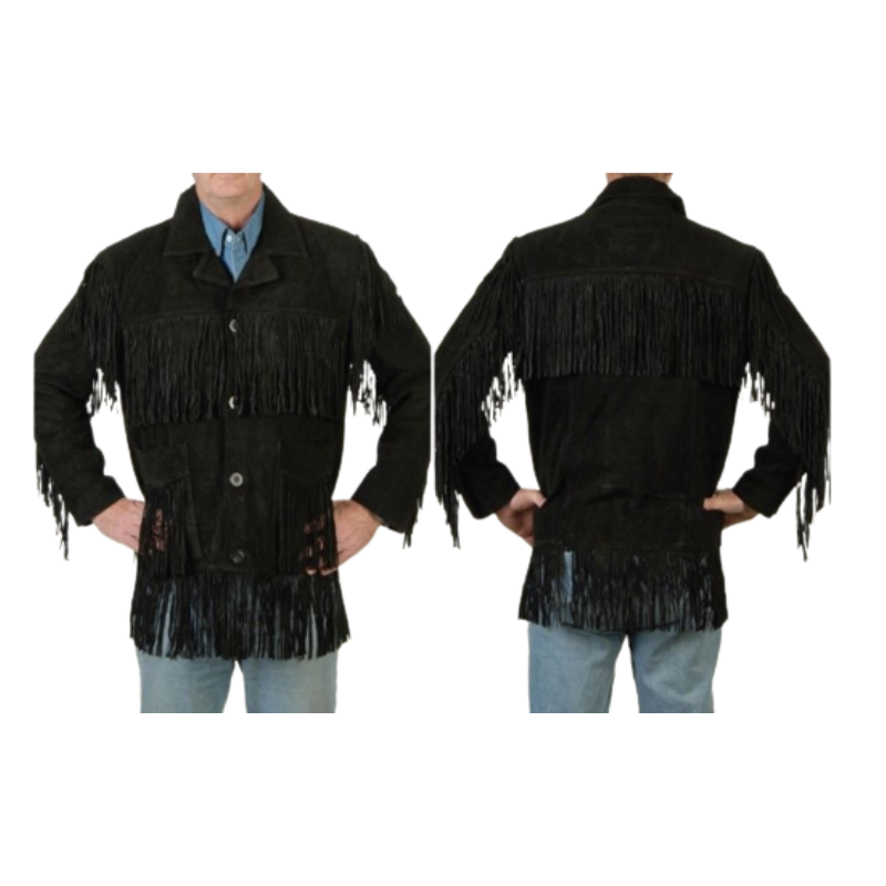 Mens New Western Cowboy Black Suede Leather Fringes Hippie Boho Jacket WFJ95