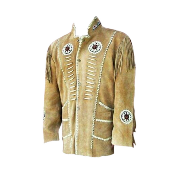 Mens Western Cowboy Beige Buffalo Suede Leather Beaded Fringes Jacket WJ-45