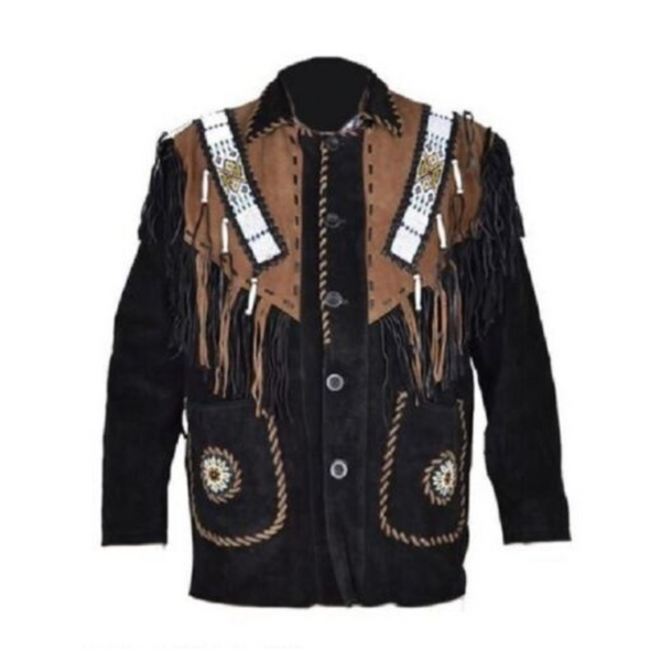 Mens Western Cowboy Black Buffalo Suede Leather Beaded Fringes Jacket WJ-47