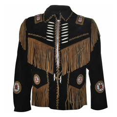 Mens New Western Cowboy Black Suede Leather Fringes Beaded Jacket WBJ04