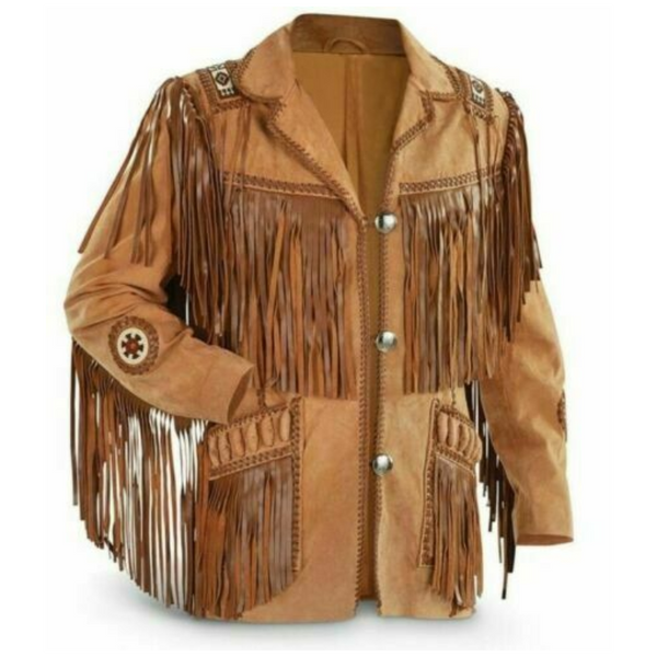 Mens Western Cowboy Brown High Quality Suede Leather Beaded Fringes Jacket WJ-12