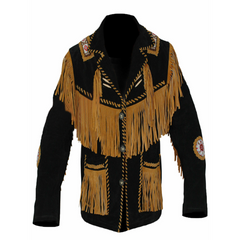 Mens New Old Western Cowboy Black Suede Leather Fringes Beaded Jacket WBJ341