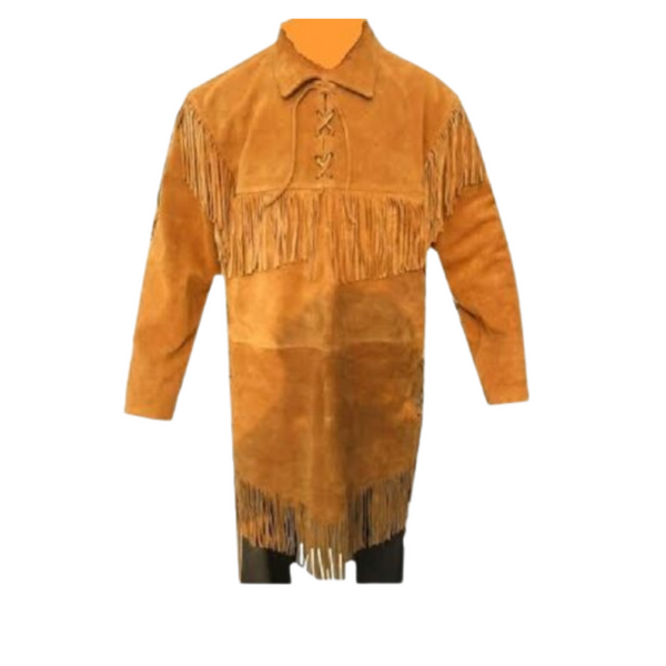 Mens Western Brown Buckskin Suede Leather Fringe Mountain Man Shirt MMS172