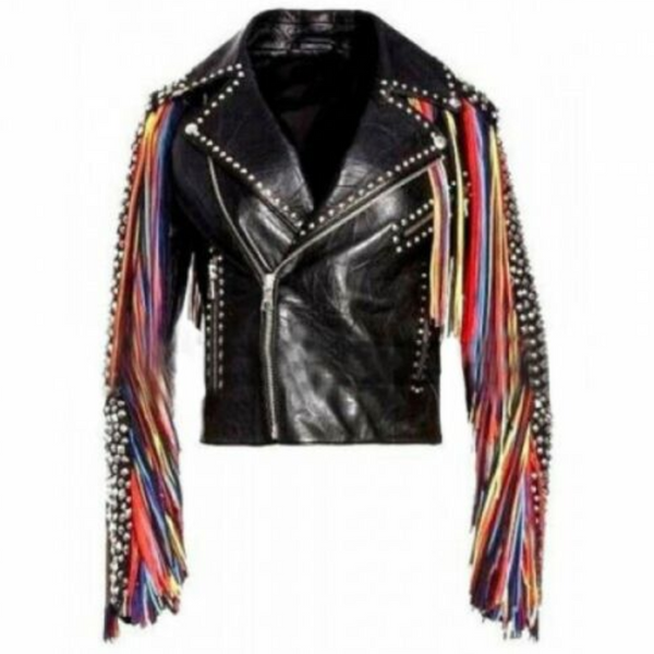 New Western Cowgirl Studded Colored Fringe Punk Black Leather Biker Jacket CG444