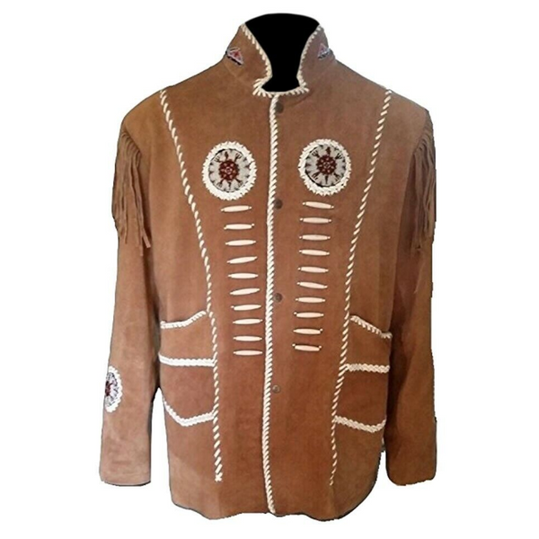 Mens Old Cowboy Brown Buckskin Suede Leather Beaded Fringes Western Jacket WSJ15