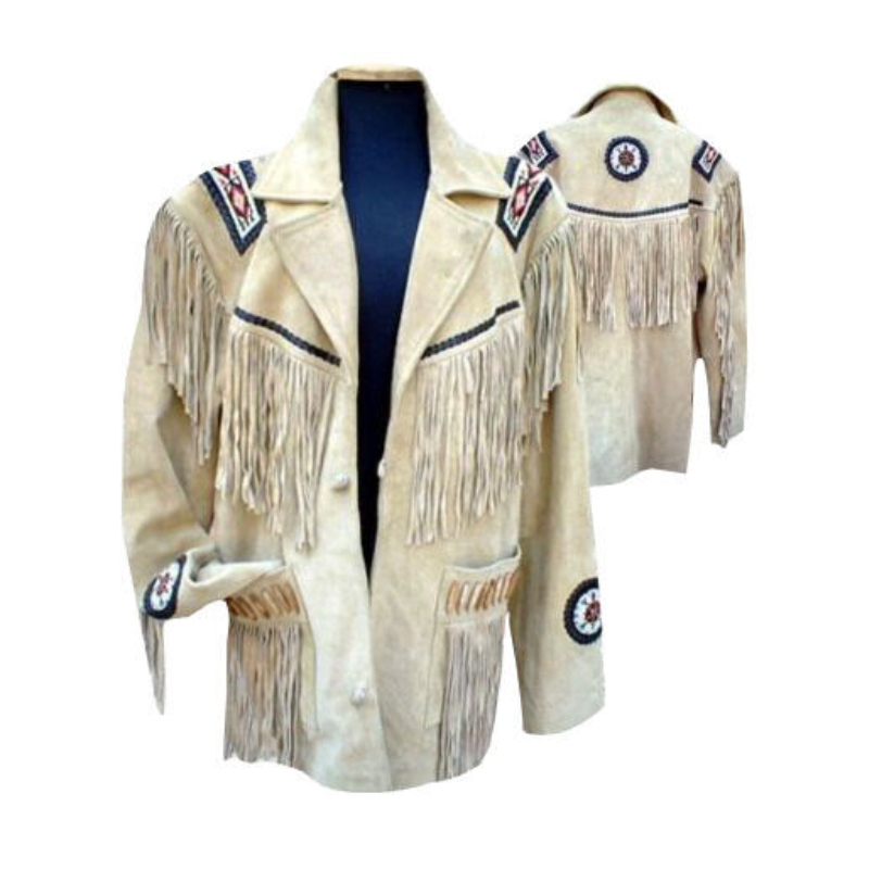 Mens Western Cowboy Beige Buffalo Suede Leather Beaded Fringes Jacket WJ-17