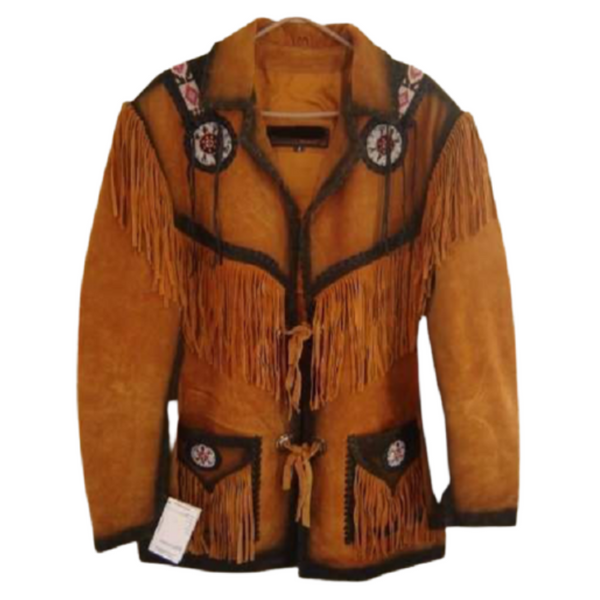 Mens Old Cowboy Brown Buckskin Suede Leather Beaded Fringes Western Jacket WSJ55