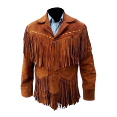 Mens Western Cowboy Brown Buckskin Suede Leather Fringes Rendezvous Jacket WJ-52