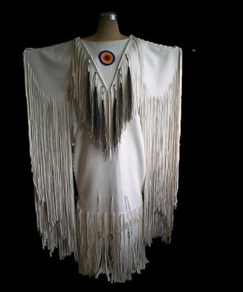 Womens White Leather Handmade Long Fringes Beaded Wedding Dress Powwow Regalia LRWD91