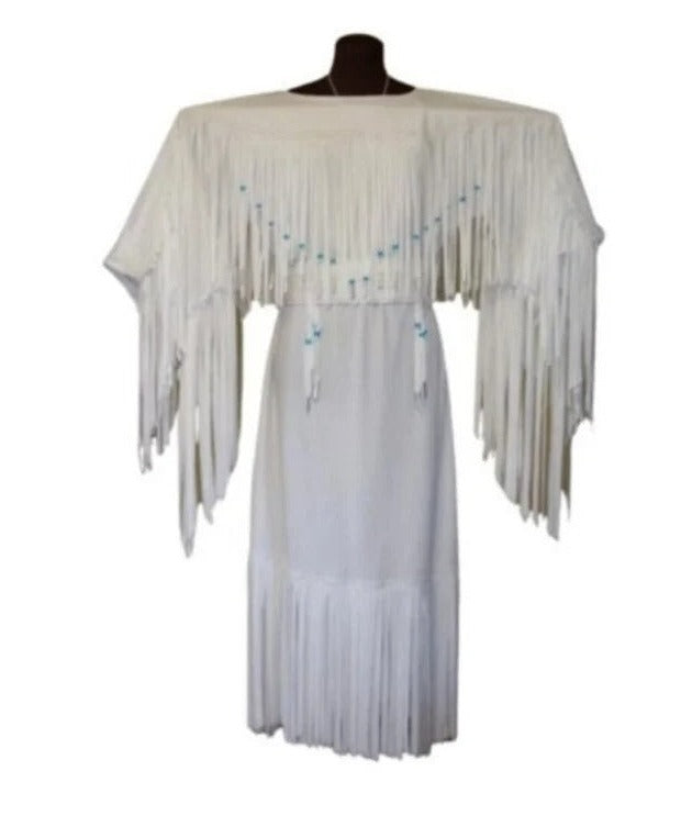 Women White Leather Long Fringes Wedding Dress Beaded Belt Powwow Regalia LRWD97
