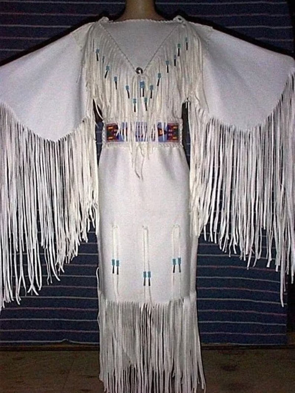 Women White Leather Long Fringes Wedding Dress Beaded Belt Powwow Regalia LRWD94