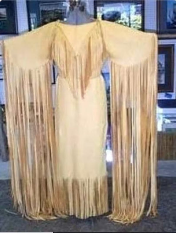 Womens Brown Leather Handmade Long Fringes Beaded Wedding Dress Powwow Regalia LRWD96