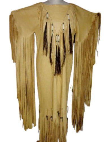 Women's Tan Leather Long Beaded Fringes Wedding Dress Powwow Regalia LRWD102