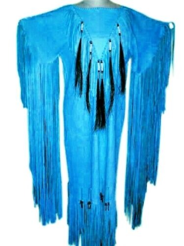 Women's Blue Leather Long Beaded Fringes Wedding Dress Powwow Regalia LRWD101