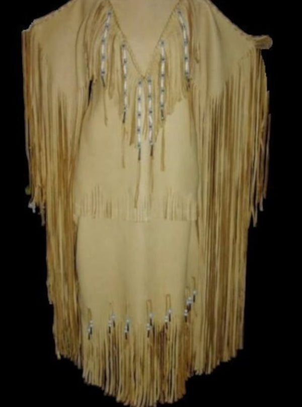 Womens Brown Leather Handmade Long Fringes Beaded Wedding Dress Powwow Regalia LRWD95