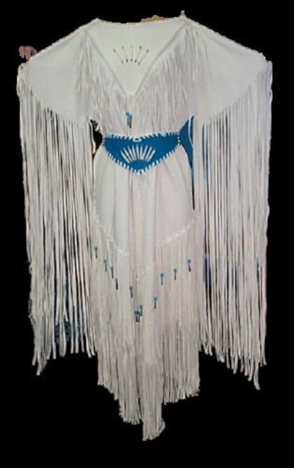 Women's White Leather Long Fringes Blue Belt Wedding Dress Powwow Regalia LRWD98