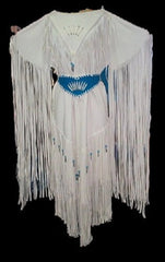 Women's White Leather Long Fringes Blue Belt Wedding Dress Powwow Regalia LRWD98