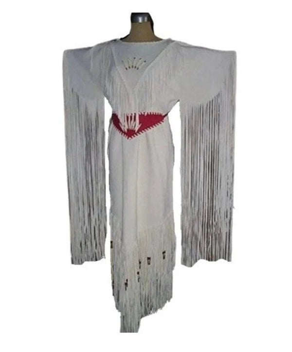 Women's White Leather Long Fringes Red Belt Wedding Dress Powwow Regalia LRWD99