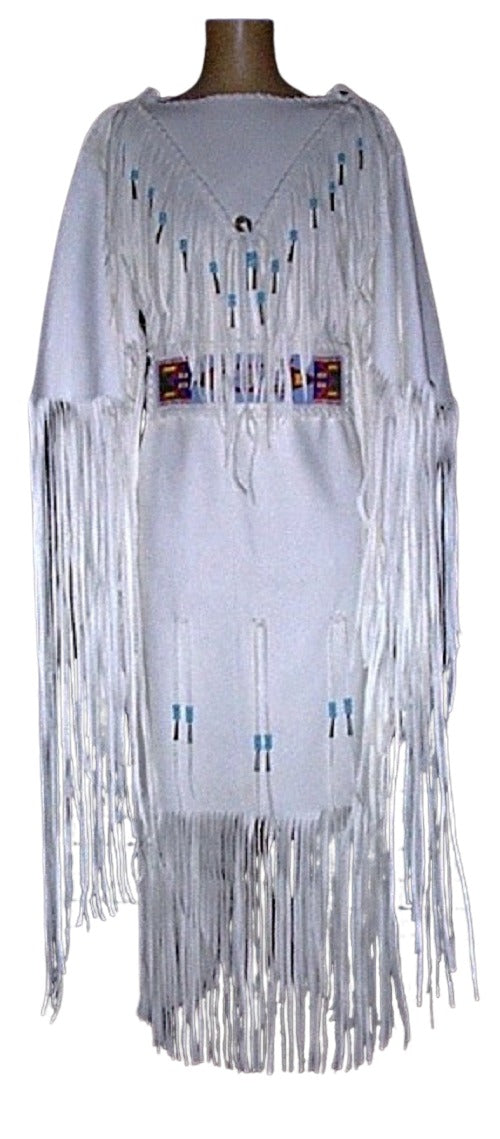 Women White Leather Long Fringes Wedding Dress Beaded Belt Powwow Regalia LRWD94