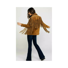 Womens Vintage Brown Suede Leather Jacket Ladies Native Fringe Western Wear Coat