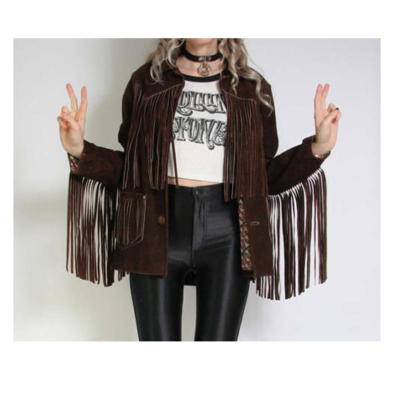 Womens Vintage Brown Suede Leather Jacket Ladies Native Fringe Western Wear Coat