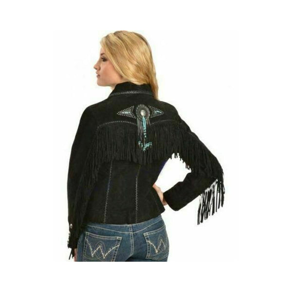 Women Vintage Black Ladies Native Fringe Western Wear Scully Leather Jacket LR6312