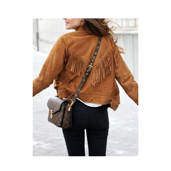 NEW-Women Western Wear Suede Leather Brown Fringe Native American Jacket, Coat