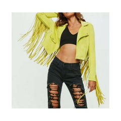 Women Vintage Yellowish Suede Leather Jacket Ladies Native Fringe Western Coat LR6310