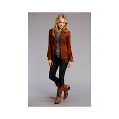 Women Vintage Brown Suede Leather Jacket Ladies Native Fringe Western Wear Coat