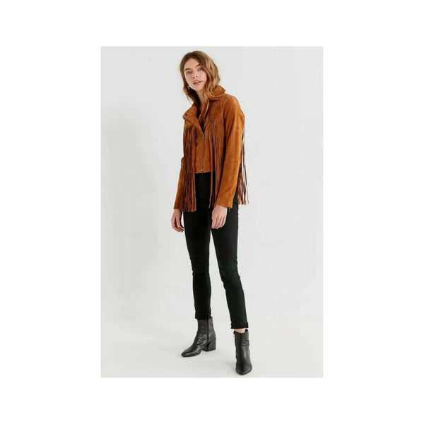 Vintage Brown Suede Western Moto Fringes Jacket for Women - Shop the Best Leather Jacket LR6300