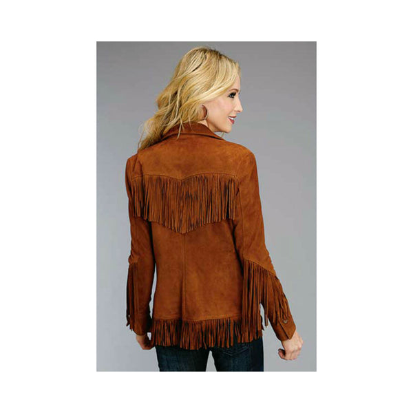 Women Vintage Brown Suede Leather Jacket Ladies Native Fringe Western Wear Coat