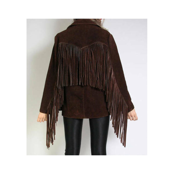 Womens Vintage Brown Suede Leather Jacket Ladies Native Fringe Western Wear Coat