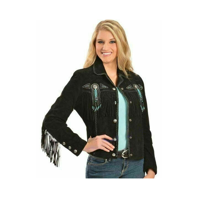 Women Vintage Black Ladies Native Fringe Western Wear Scully Leather Jacket LR6312